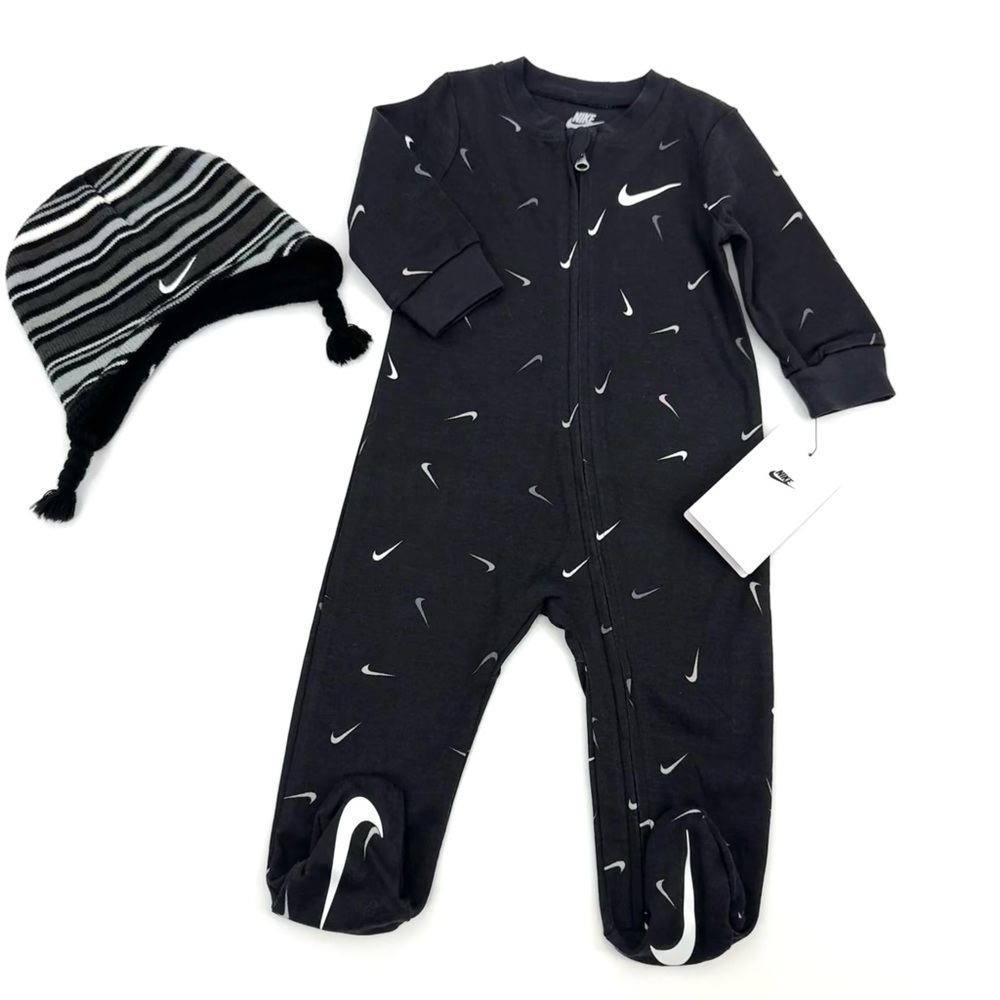 NWT NIKE 2 Pc. Zip Footed PJ and Knit Beanie Baby Bundle